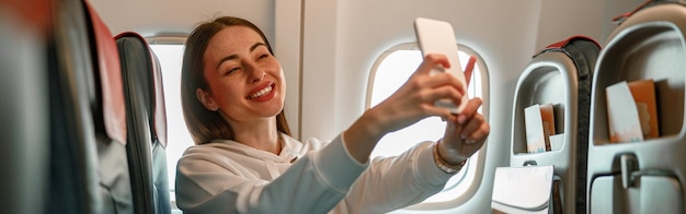 Веселая молодая женщина делает селфи в самолете
