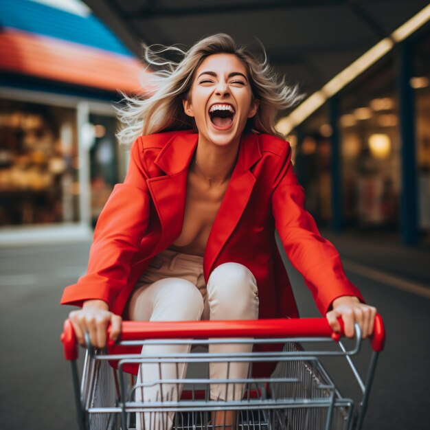 Cheerful young woman riding forward on a shopping cart