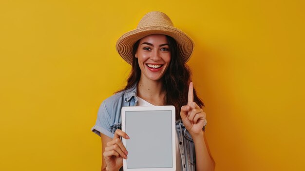 Cheerful young woman in straw hat holding tablet on yellow background ai generative