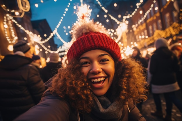 A cheerful young woman takes a selfie at Christmas market with Christmas lights