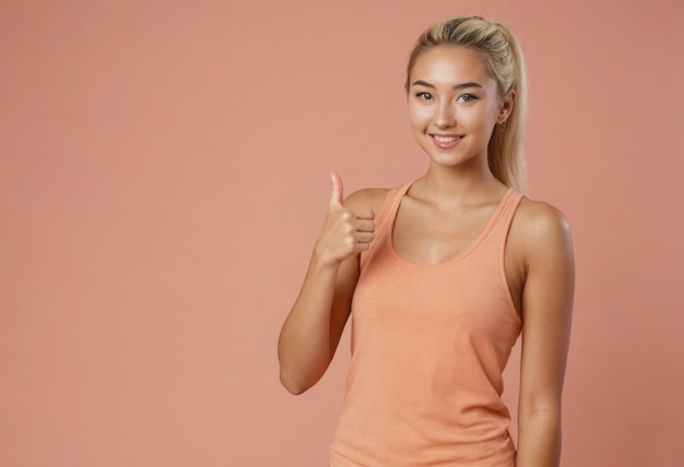 Cheerful young woman in a tank top gives a thumbsup against a peach backdrop her smile is bright and
