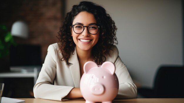 Photo cheerful young woman wearing glasses sitting at a desk with a pink piggy bank