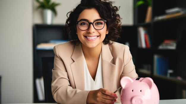 Photo cheerful young woman wearing glasses sitting at a desk with a pink piggy bank