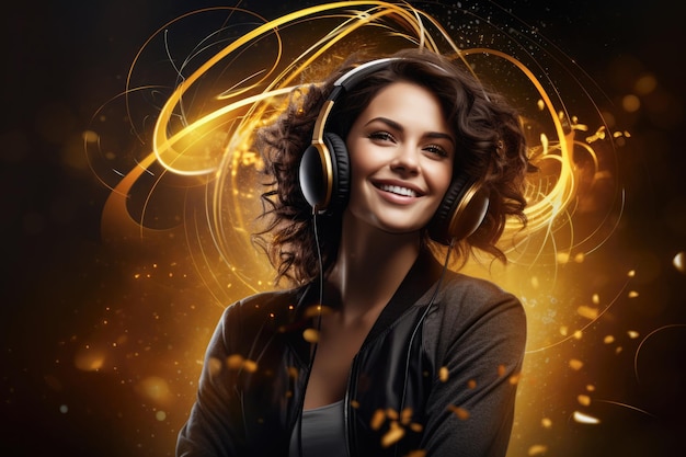 Cheerful young woman wearing headphones