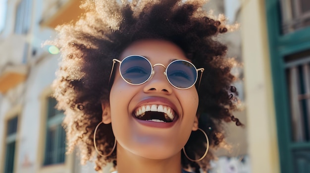 Cheerful young woman with afro hairstyle wearing sunglasses and hoop earrings laughing happily and looking at the camera