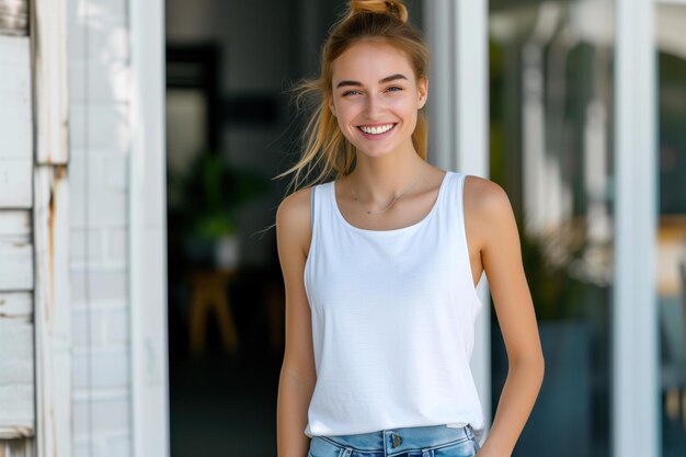 Photo cheerful young woman with blonde bun wearing a white tank top and jeans outside a modern home