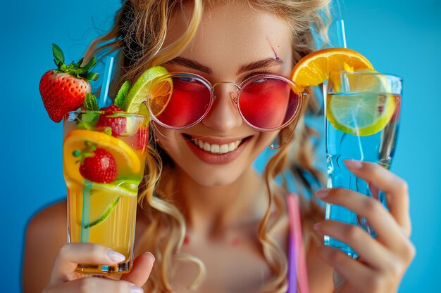 Cheerful Young Woman with Colorful Sunglasses Holding Fresh Summer Cocktails Vibrant Blue