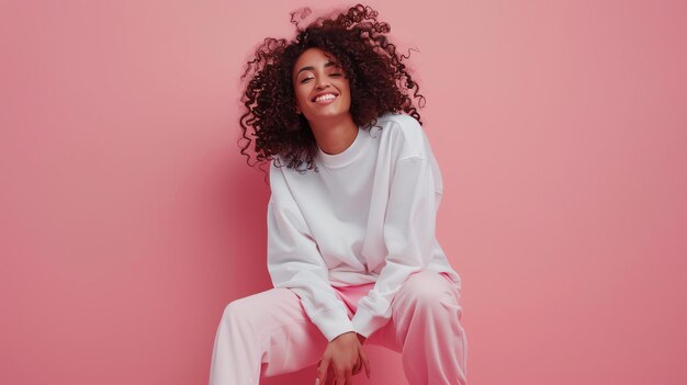 Photo cheerful young woman with curly hair wearing casual outfit sitting on stool against pink background