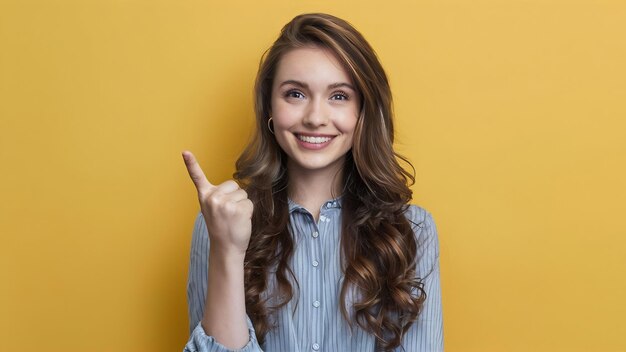 Cheerful young woman with gentle smile points index finger