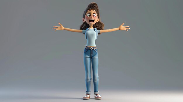 Cheerful young woman with long brown hair wearing casual outfit standing with arms outstretched expressing joy and happiness