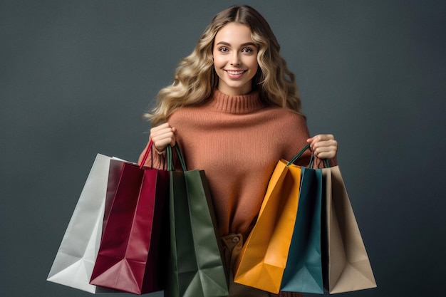 Cheerful young woman with shopping bags isolated ai generated