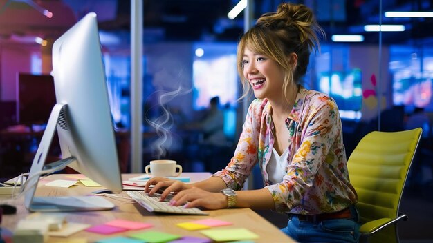 Photo cheerful young woman work in office using computer