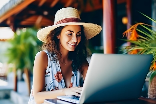 Cheerful young woman working on a laptop on vacation Generative AI