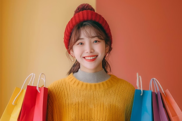 노란 스웨터 와 빨간 모자 를 입은 즐거운 젊은 여자 는 두 가지 색 의 다채로운 쇼핑 가방 을 들고 미소 짓고 있다