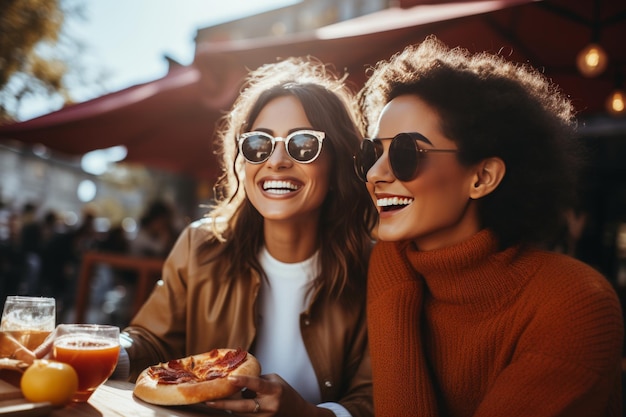 Photo cheerful young women friends enjoying delicious pizza together in the vibrant urban setting