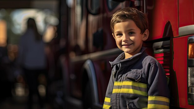 Веселый молодой человек в костюме пожарного с пожарной машиной на заднем плане