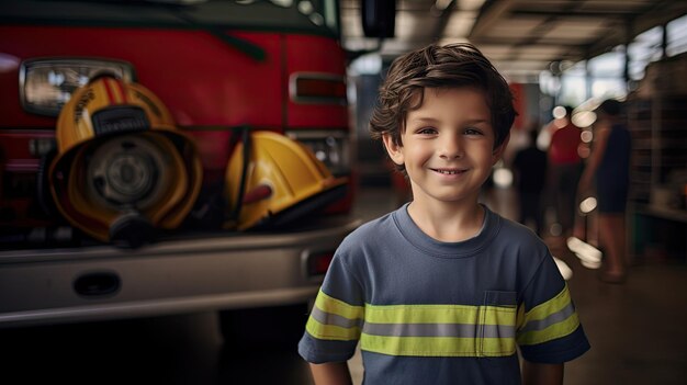 A cheerful youngster wearing a firefighter39s costume with a fire engine in the background