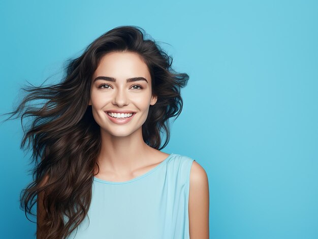 A cheerful and youthful woman stands confidently against a backdrop of solid color blue background