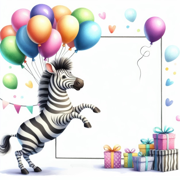 Photo cheerful zebra with gifts and balloons party illustration