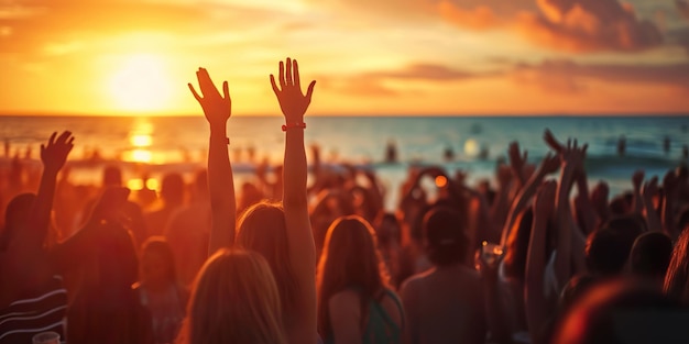 Photo cheering crowd with hands in air at music festival