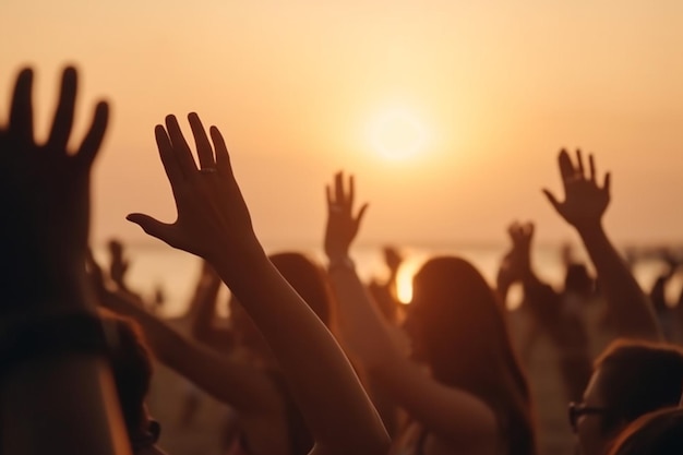 Cheering crowd with hands in the air summer vacation image Bokeh People have fun at sunset on a beach Generative AI