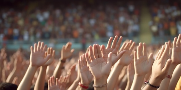 Photo cheering hands of many people in the stadium