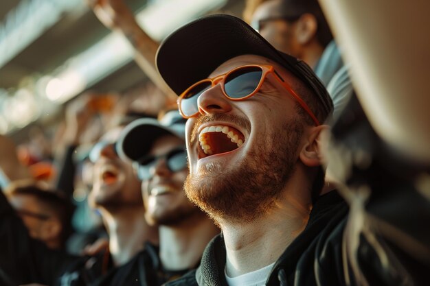 Foto cheering sport fan geniet van een wedstrijd in heldere zonnebril