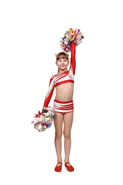 Photo cheerleader girl raised hands up