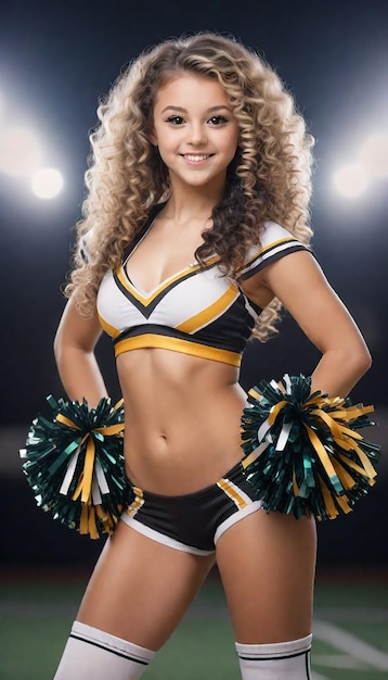 a cheerleader wearing a cheerleader outfit with a yellow and black top