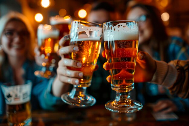 Привет и пиво Молодые друзья празднуют счастливый час за столом в пивоварне