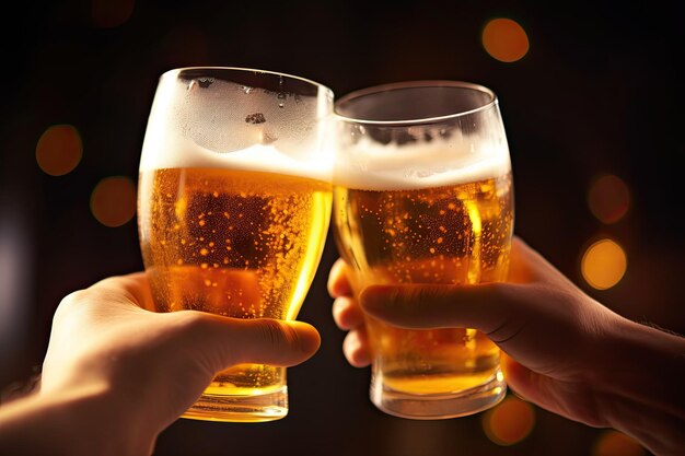 Cheers Clinking Glasses CloseUp Shots of Hands Holding Beer Glasses and Beer Bubbles