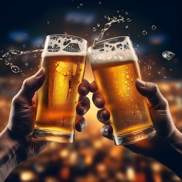 Cheers Closeup of two men in shirts toasting with beer at the bar counter