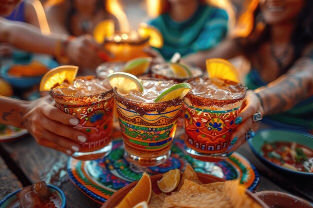 Foto cheers en gelach als vrienden cinco de mayo vieren met verfrissende margaritas