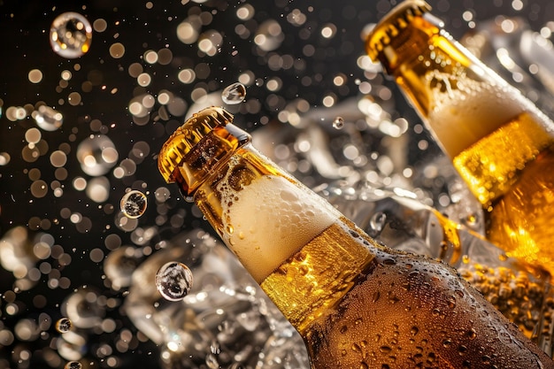 В честь хороших времен Эффервесцентные бутылки пива охлаждены до совершенства Празднование освежения Пузырьки пива и кубики льда создают праздничную атмосферу при каждом наливе