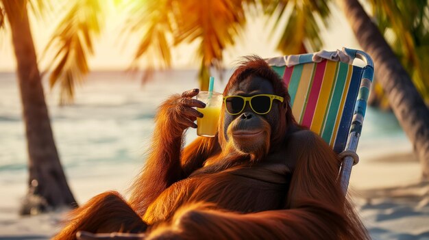 Cheers an orangutan in sunglasses sits on a sun lounger and raises a glass of cocktail cruise advert