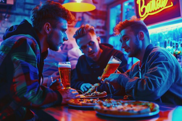 Photo cheers side view of three male friends in bar drinking beer and eating pizza