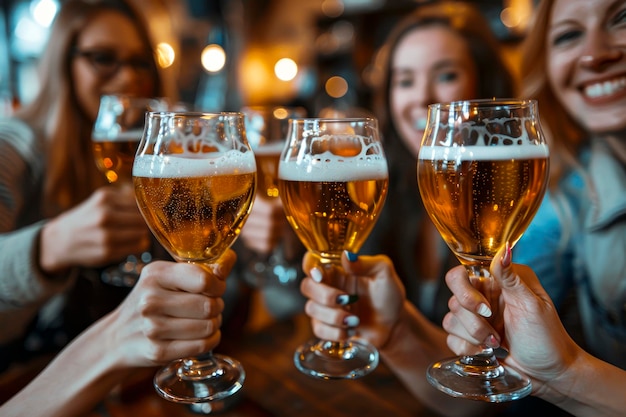 Cheers to Youth Vibrant Group of Friends genieten van happy hour in Brewery Pub om het leven te omarmen met eten en drinken en goede tijden