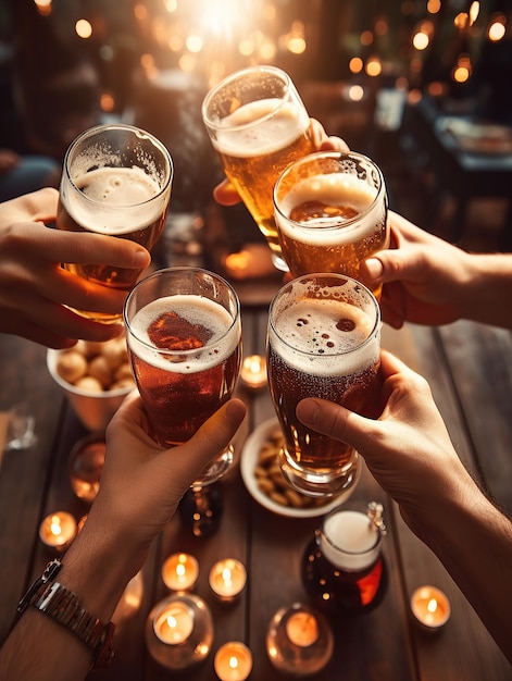 Photo cheers with beer glasses among a group of friends