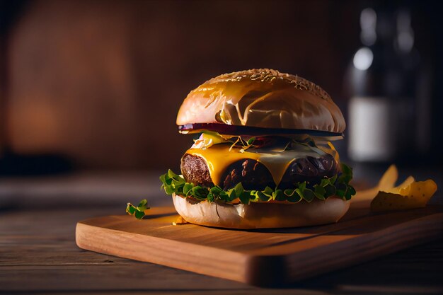 Cheesburger on wooden table Burgers on rustic wooden table Generative AIxA