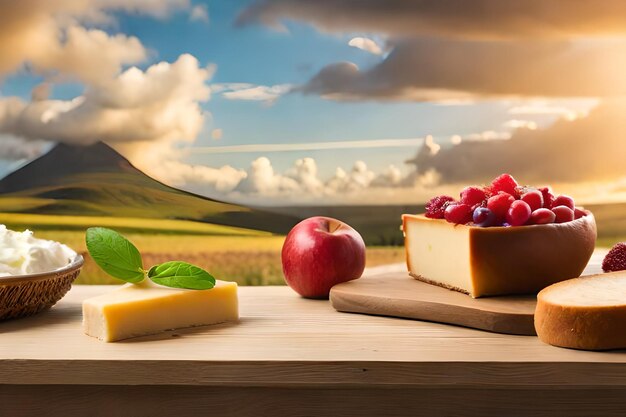 cheese and an apple on a wooden cutting board