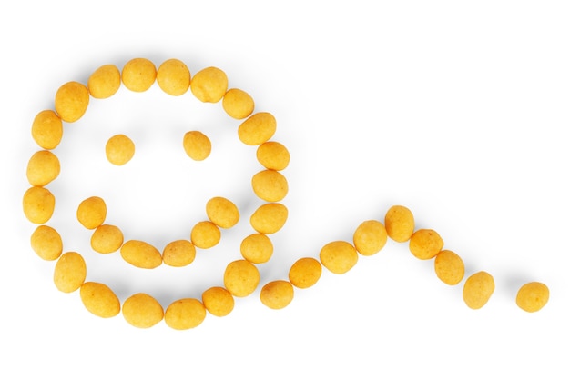 Cheese Balls isolated on white background In the form of an emoticon