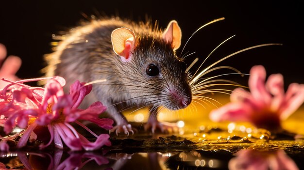 Cheese Blossom Magic Closeup of a Rat Pollinating Vibrant Flowers