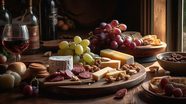 Cheese board grapes nuts and wine AI generated