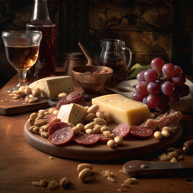Cheese board grapes nuts and wine AI generated