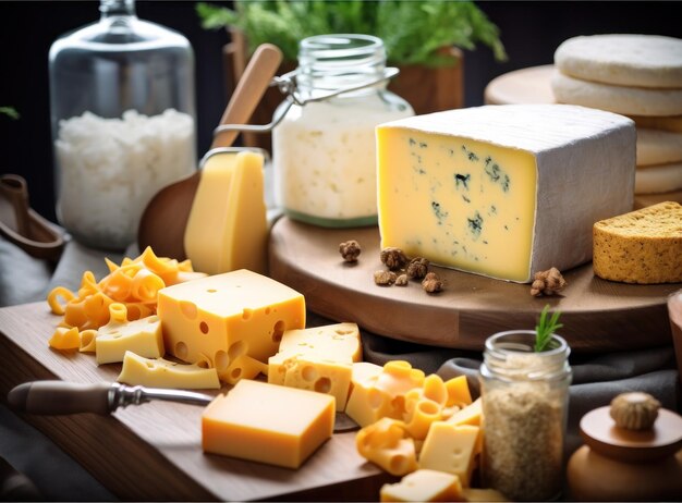 cheese on a board and other food items