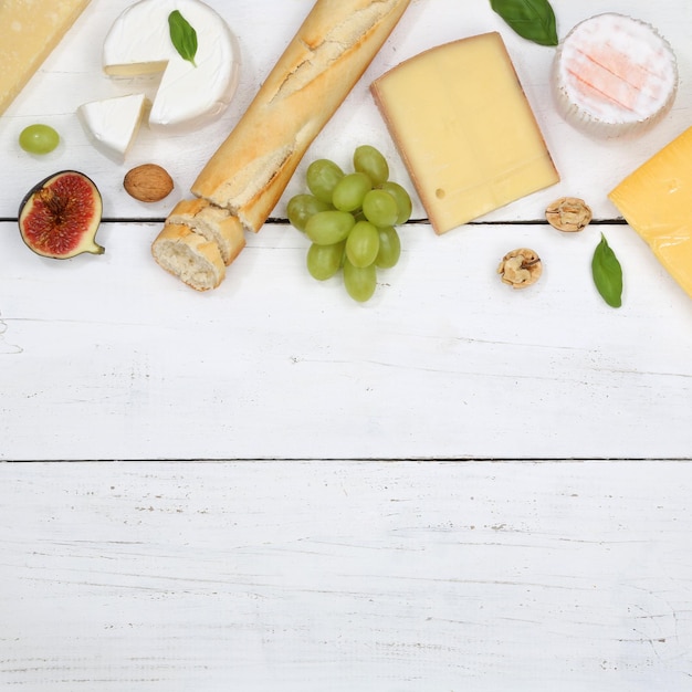 Cheese board platter plate Swiss bread Camembert copyspace square top view