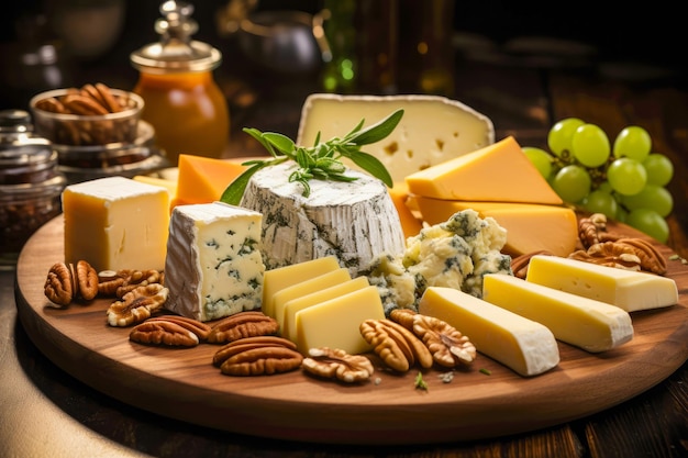 Cheese board selection of cheeses on a beautifully decorated wooden board ready for serving