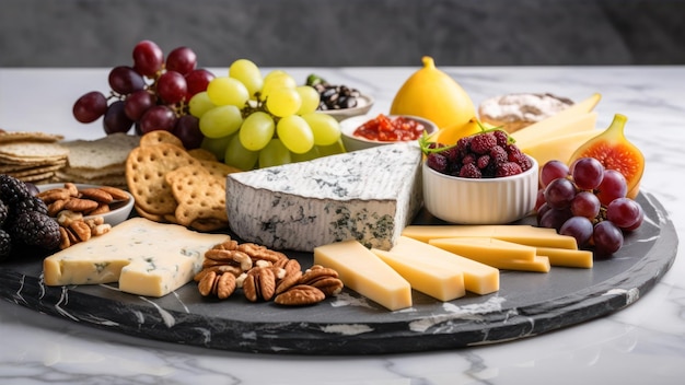 A cheese board with fruit and nuts on it