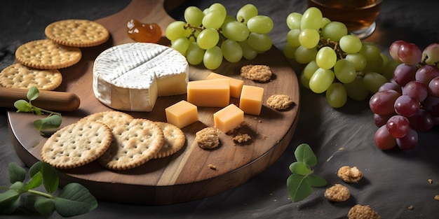 Photo a cheese board with grapes and crackers on it