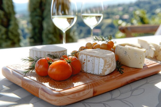 Photo cheese board with parmesan head and fresh tomatoes for jewish holiday shavuot for harvest